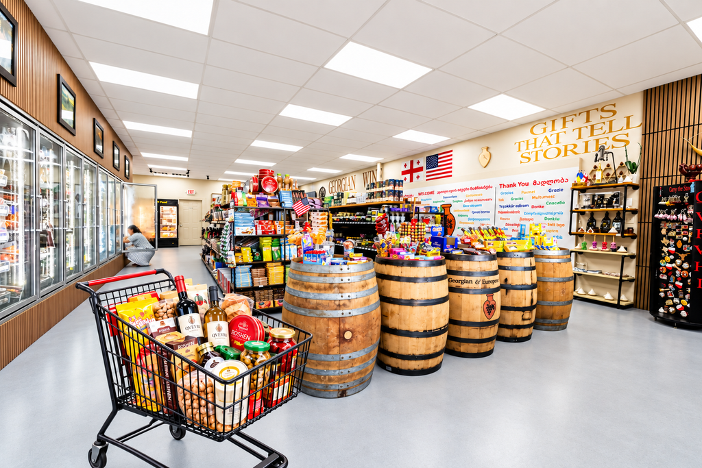 Qvevri Market shopping cart with Georgian and European foods, wine, sweets, and specialty products in Round Rock, Texas