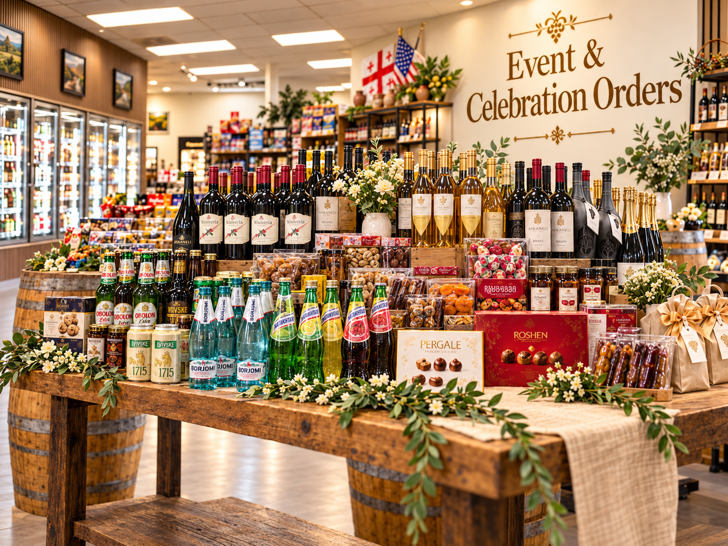 Event and celebration product selections from Qvevri Market in Round Rock, including Georgian wine, sweets, specialty foods, and gifts
