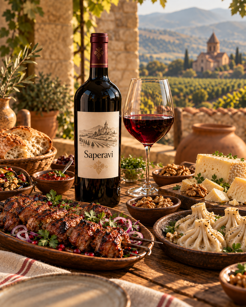 Saperavi Georgian red wine with food pairing inspiration