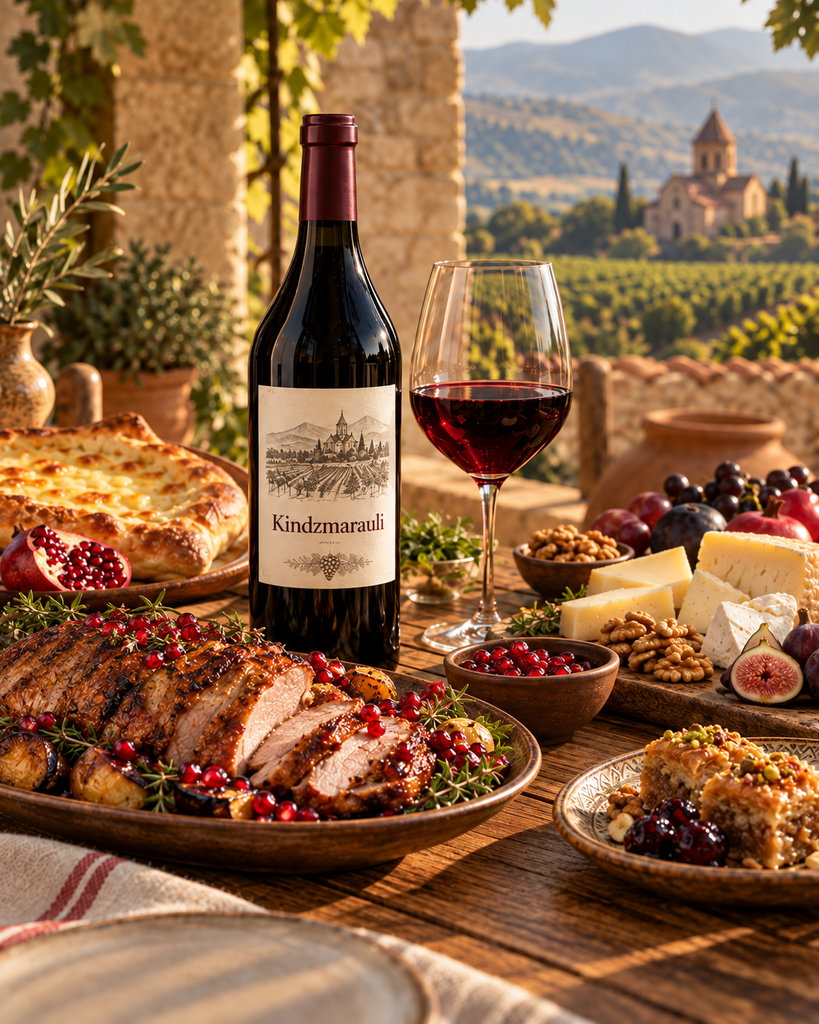 Kindzmarauli Georgian semi-sweet red wine with food pairing inspiration