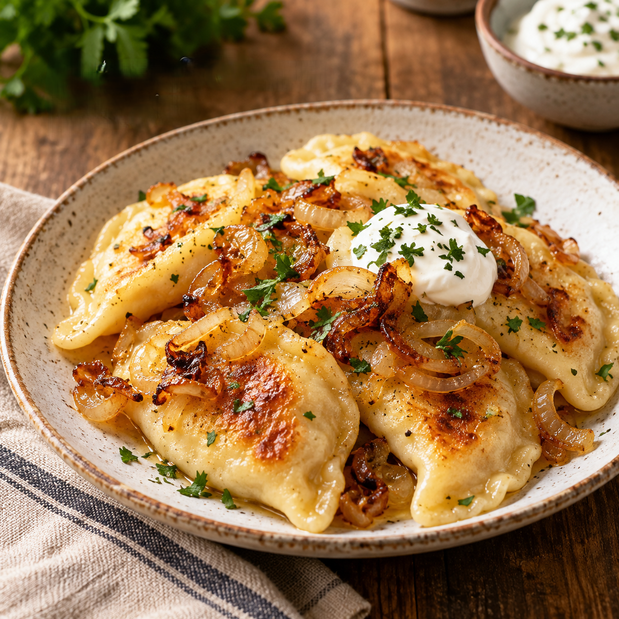 Potato & Cheese Perogies with Caramelized Onions