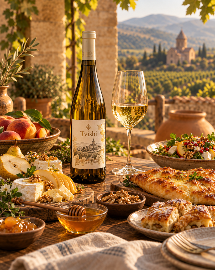Tvishi Georgian semi-sweet white wine with food pairing inspiration