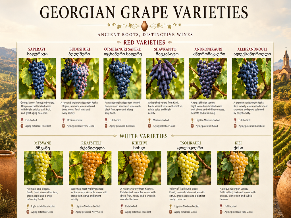 Georgian grape varieties including Saperavi, Rkatsiteli, Kisi, Mtsvane and other indigenous grapes